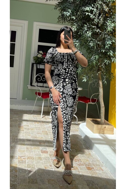 3142-SİYAH FULL GİPELİ YANDAN YIRTMAÇLI ELBİSE