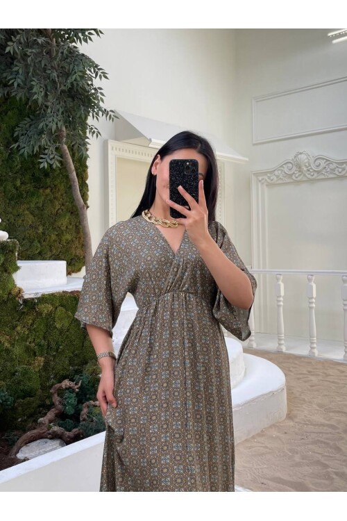 3154-HAKİ ÇITIR DESEN ELBİSE