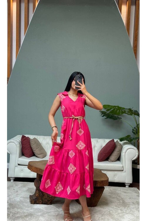 3159-PEMBE KETEN PUF DESENLİ BRODELİ ELBİSE