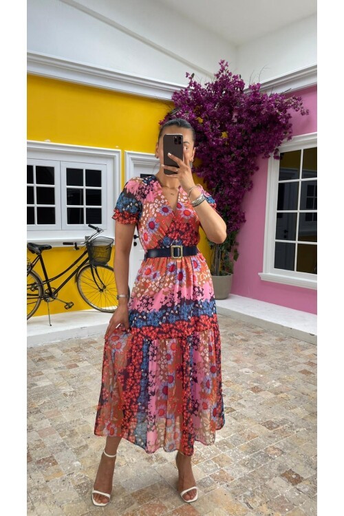 3224-ÇİÇEKL KEMERLİ ŞİFON ELBİSE