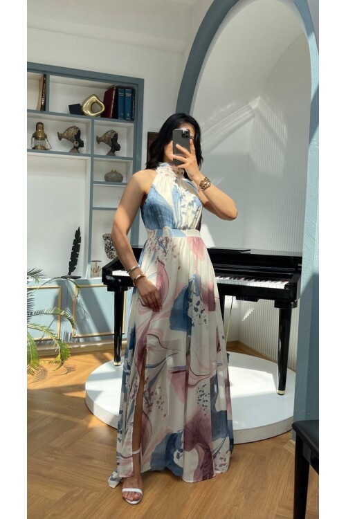 3242-İNDİGO BÜYÜK GÜLLÜ ŞİFON ELBİSE