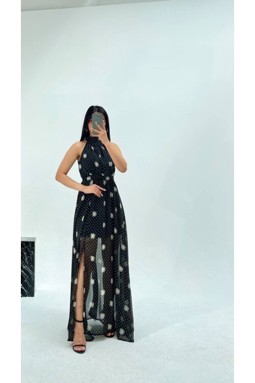 3242-PAPATYA DESEN ŞİFON ELBİSE