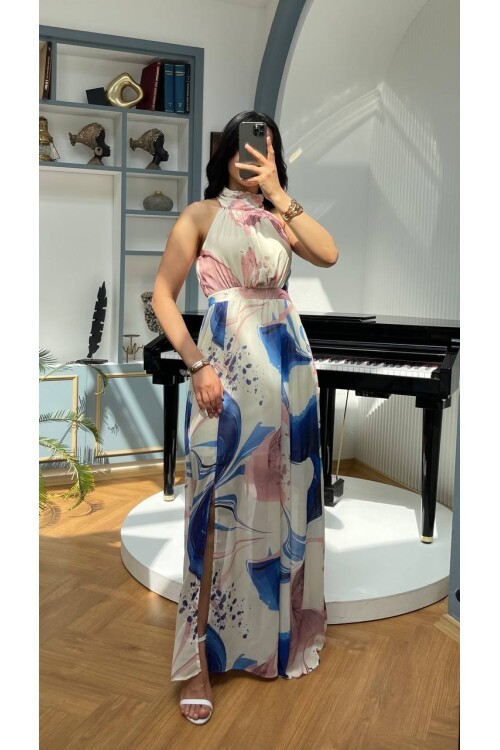 3242-SAKS BÜYÜK GÜLLÜ ŞİFON ELBİSE