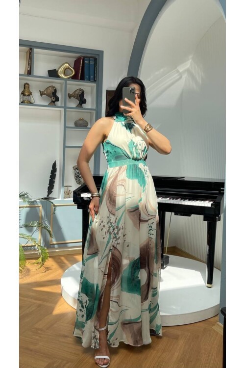 3242-YEŞİL BÜYÜK GÜLLÜ ŞİFON ELBİSE