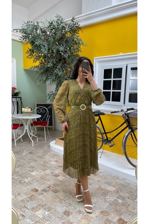 3286-OLİV KEMERLİ PUANTİYE DESEN ELBİSE