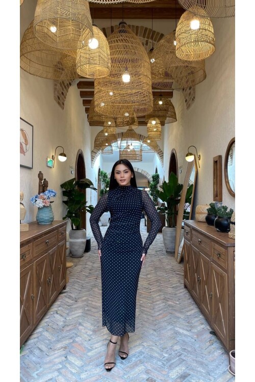 3328-SİYAH PUANTİYE DESEN TÜL ELBİSE