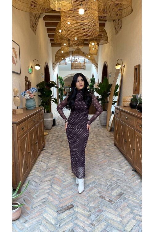 3328-KAHVE PUANTİYE DESEN TÜL ELBİSE