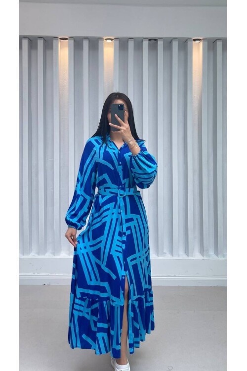 3388-MAVİ ÇİZGİLİ GÖMLEK ELBİSE