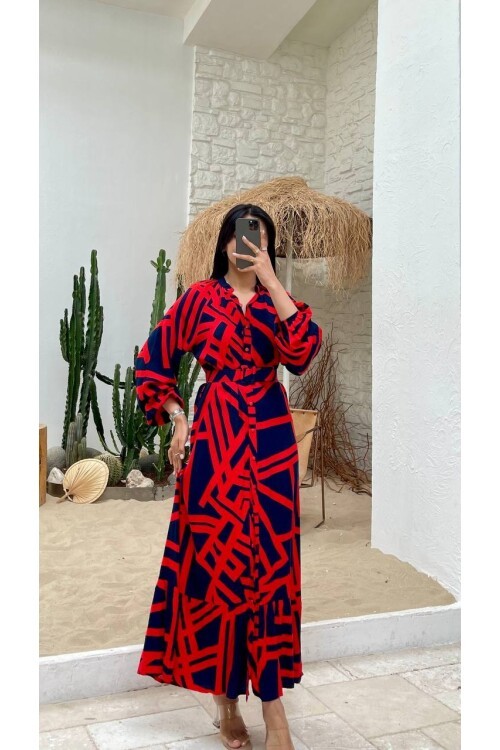 3388-KIRMIZI ÇİZGİLİ GÖMLEK ELBİSE