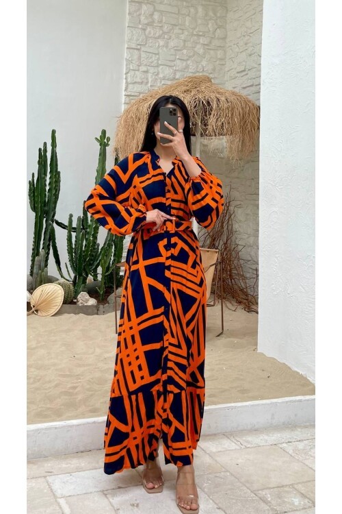 3388-TURUNCU ÇİZGİLİ GÖMLEK ELBİSE