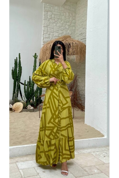 3388-OLİV ÇİZGİLİ GÖMLEK ELBİSE