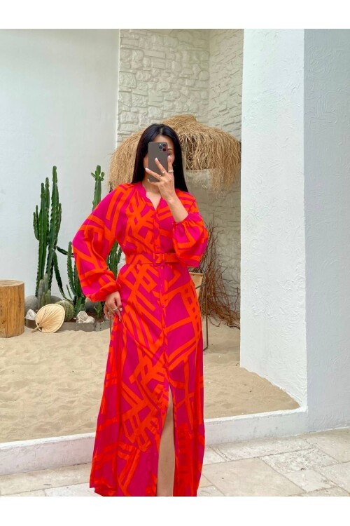 3388-FUŞYA ÇİZGİLİ GÖMLEK ELBİSE