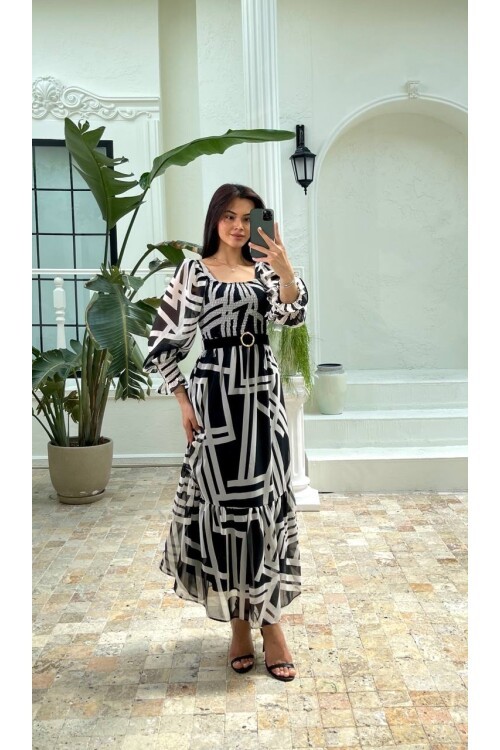 3406-ZİGZAG DESEN KEMERL ŞİFON ELBİSE