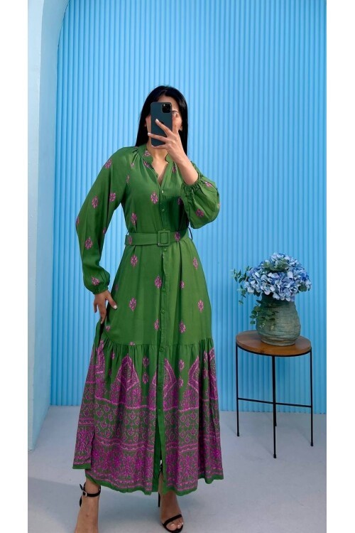 3433-YEŞİL DÜĞMELİ ALTI SULU GÖMLEK ELBİSE