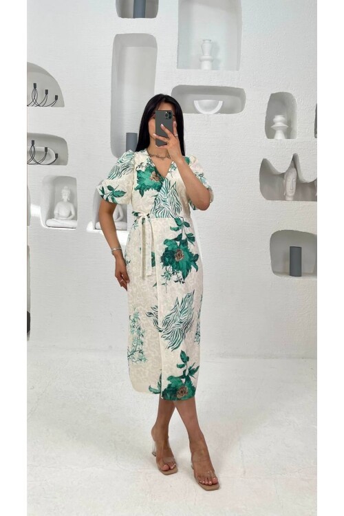 3439-YEŞİL ANVELOK BAĞLAMALI ELBİSE