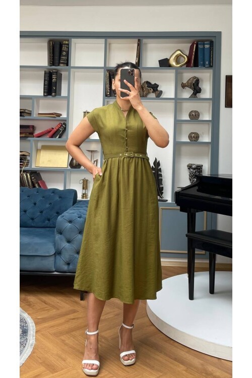 3440-HAKİ GOLD KEMER DETAY VE GOLD DÜĞMELİ ELBİSE