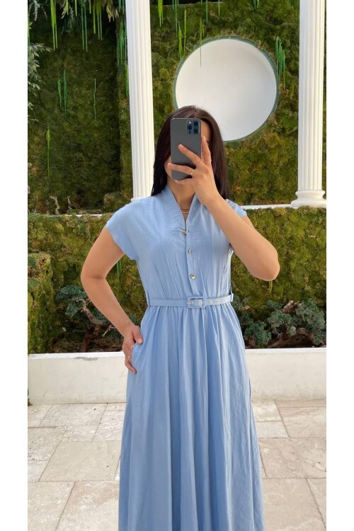 3440-MAVİ GOLD KEMER DETAY VE GOLD DÜĞMELİ ELBİSE