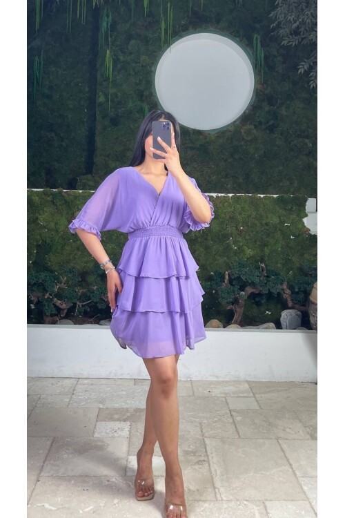 3447-LİLA KAT KAT ŞİFON ELBİSE