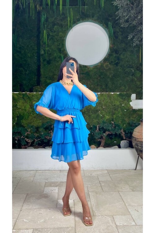 3447-MAVİ KAT KAT ŞFON ELBİSE