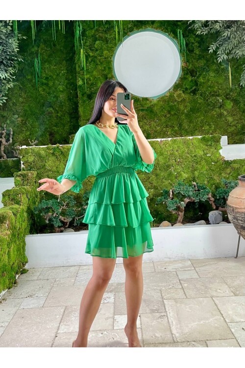 3447-YEŞİL KAT KAT ŞİFON ELBİSE