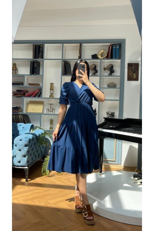 3453-LACİVERT KURVAZE YAKA ELBİSE