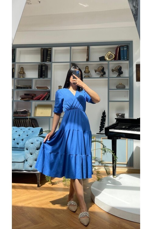 3453-MAVİ KURVAZE YAKA ELBİSE