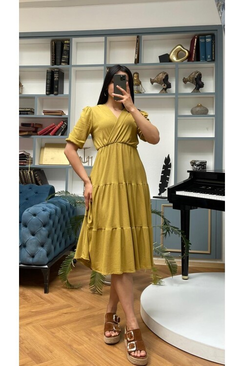 3453-OLİV KURVAZE YAKA ELBİSE