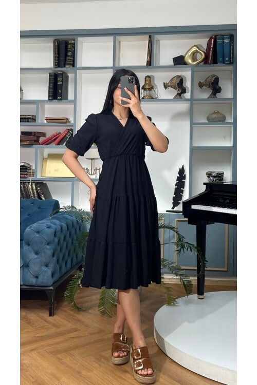 3453-SİYAH KRUVAZE YAKA ELBİSE