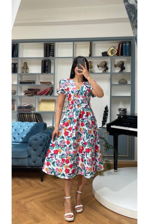 3467-BEYAZ BEBE YAKA ÇİÇEK DESEN ELBİSE