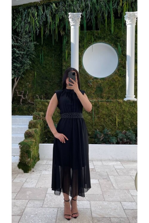 3509-SİYAH KEMERİ TAŞ DETAYLI ŞİFON ELBİSE