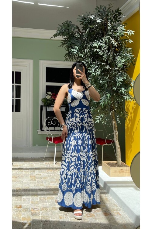 3518-MAVİ ETNİK DESEN ALTI SULU ELBİSE