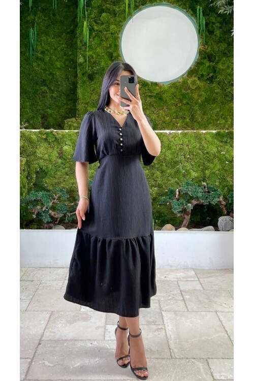 3524-SİYAH YALANCI KETEN ELBİSE