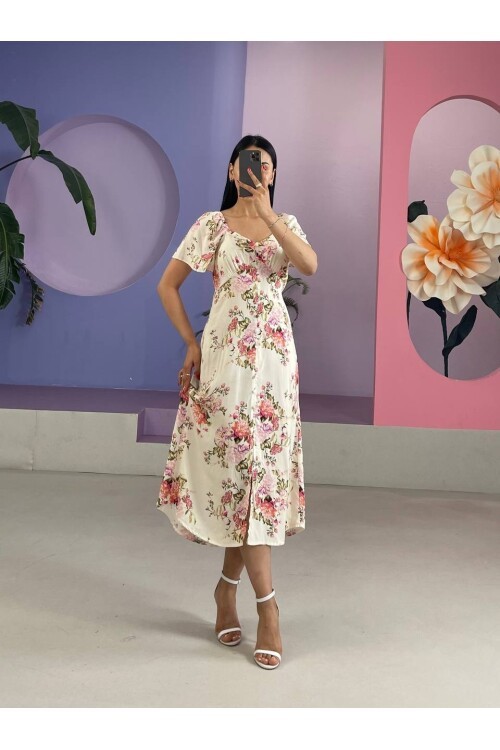 3529-ÇİÇEK DESEN ÖNDEN BAĞLAMALI ELBİSE