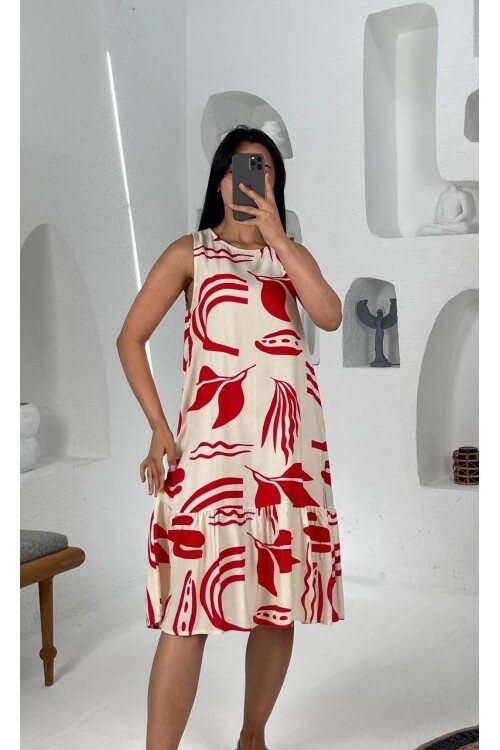 3549-KIRMIZI BÜYÜK YAPRAKLI KISA ELBİSE