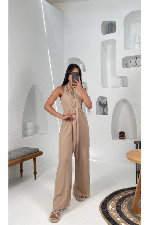 3551-KOYU BEJ ÖNDEN BAĞLAMALI TULUM