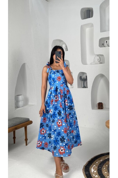 3557-MAVİ ÇİÇEK DESEN POPLİN ELBİSE