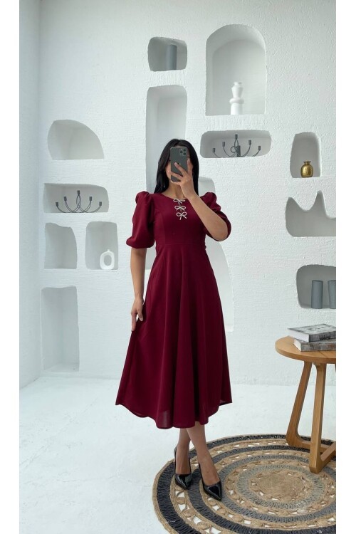 3578-BORDO TAŞ FİYONKLU ELBİSE