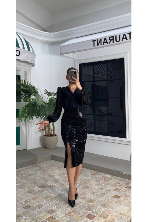 3594-SİYAH ÜSTÜ ŞİFON ETEĞİ PULPAYET ELBİSE