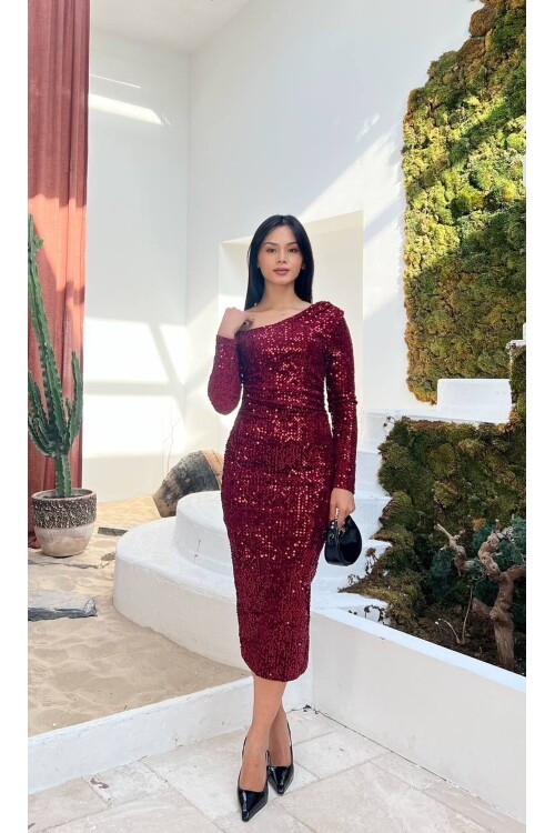 3650-BOROD TEK OMUZ MİDİ BOY PULPAYET ELBİSE