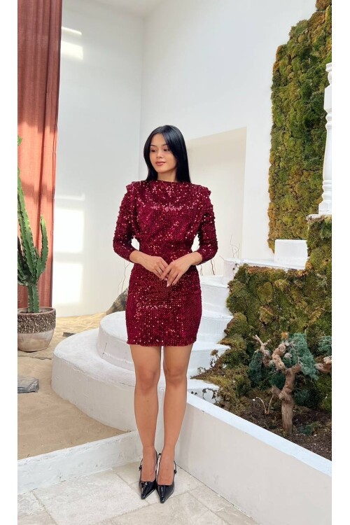 3651-BORDO BOĞAZLI OMUZLARI VATKALI PULPAYET ELBİSE