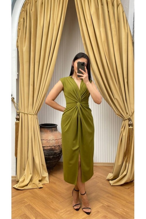 3698-OLİV ÖNÜ BÜZGÜLÜ ELBİSE