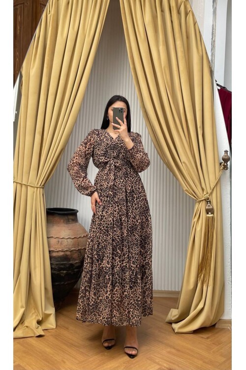 3709-LEOPAR DESEN FIRFIR DETAYLI ELBİSE