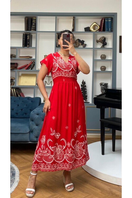 3728-KIRMIZI ALTI SULU GİPELİ ELBİSE