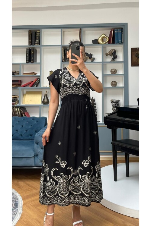 3728-SİYAH ALTI SULU GİPELİ ELBİSE