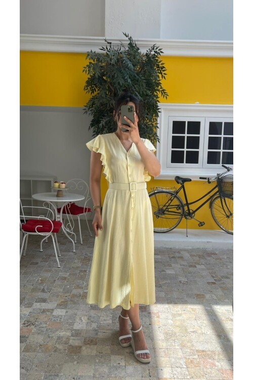 3739-SARI FIRFIRLI KEMERLİ ELBİSE