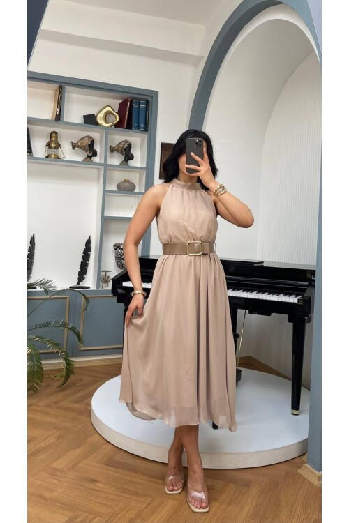 3734-BEJ SIFIR KOL KEMERLİ ELBİSE