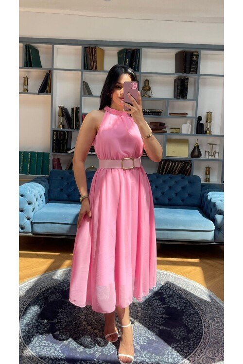 3734-PEMBE SIFIR KOL KEMERLİ ELBİSE