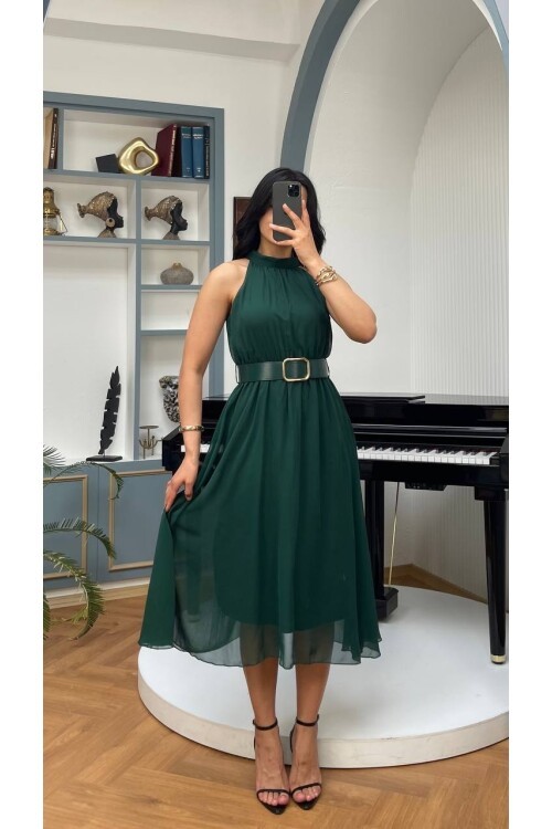 3734-ZÜMRÜT SIFIR KOL KEMERLİ ELBİSE