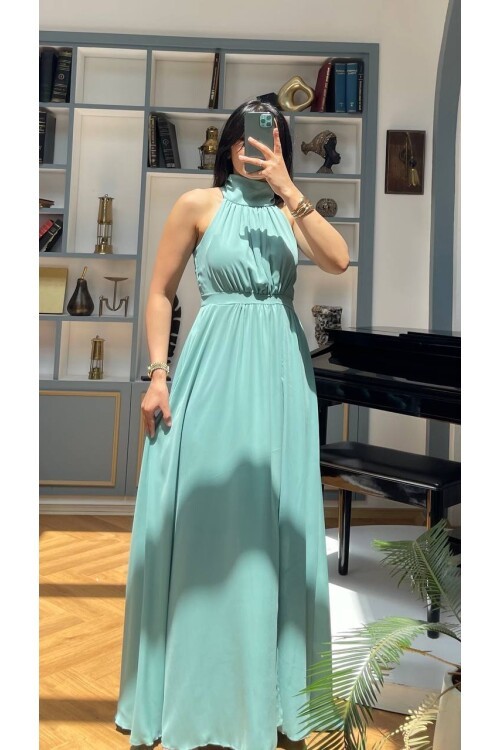 3737-SU YEŞİLİ MAKSİ BOY ELBİSE