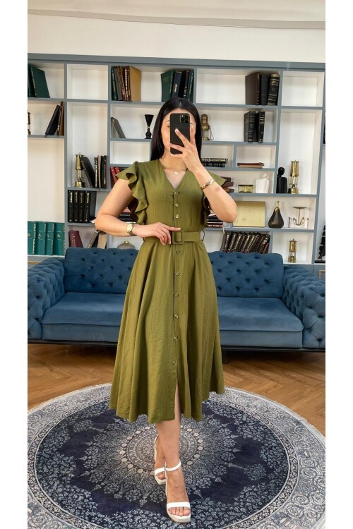 3739-HAKİ FIRFIRLI KEMERLİ ELBİSE